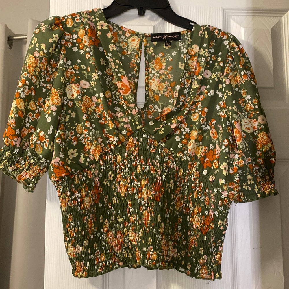 Deep V Green and Orange Floral Top